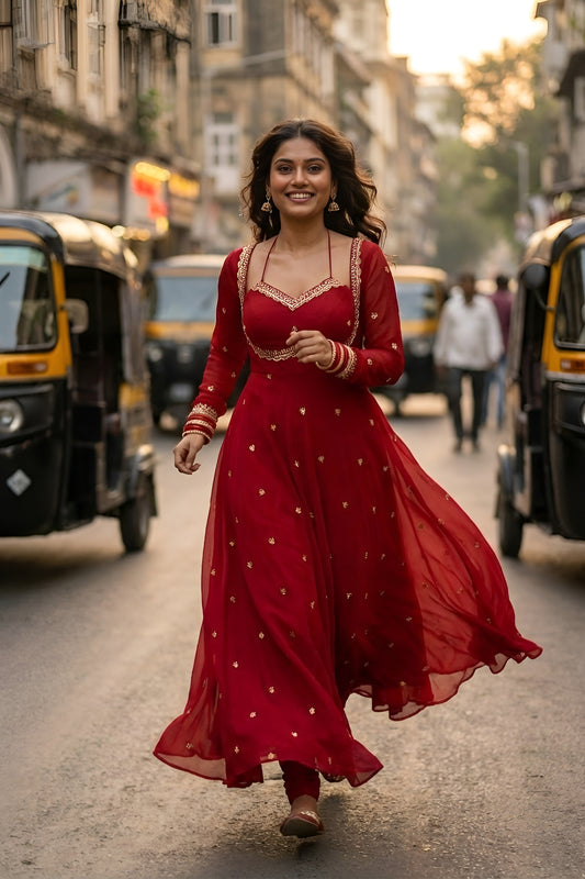 Royal Red Embroidered Georgette Wedding Gown for Women