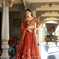 Beautiful Rust Orange Rangoli Silk Embroidered Lehenga Choli Set with Dupatta for Women