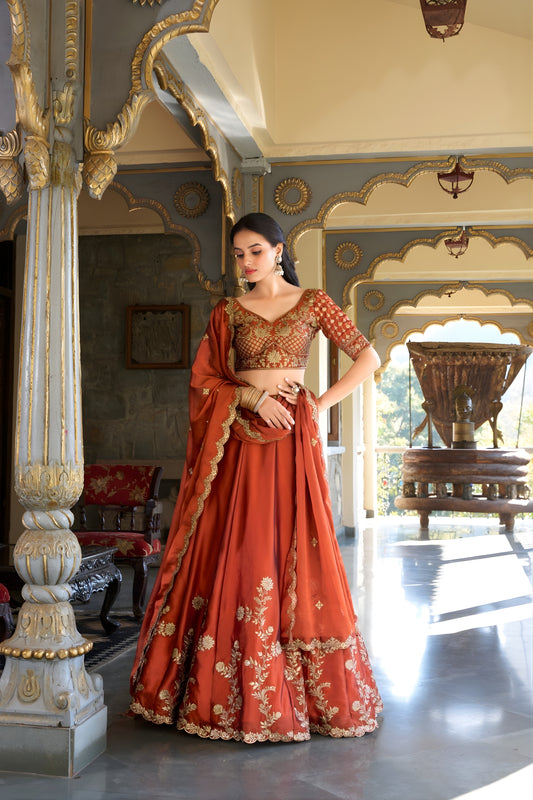 Beautiful Rust Orange Rangoli Silk Embroidered Lehenga Choli Set with Dupatta for Women