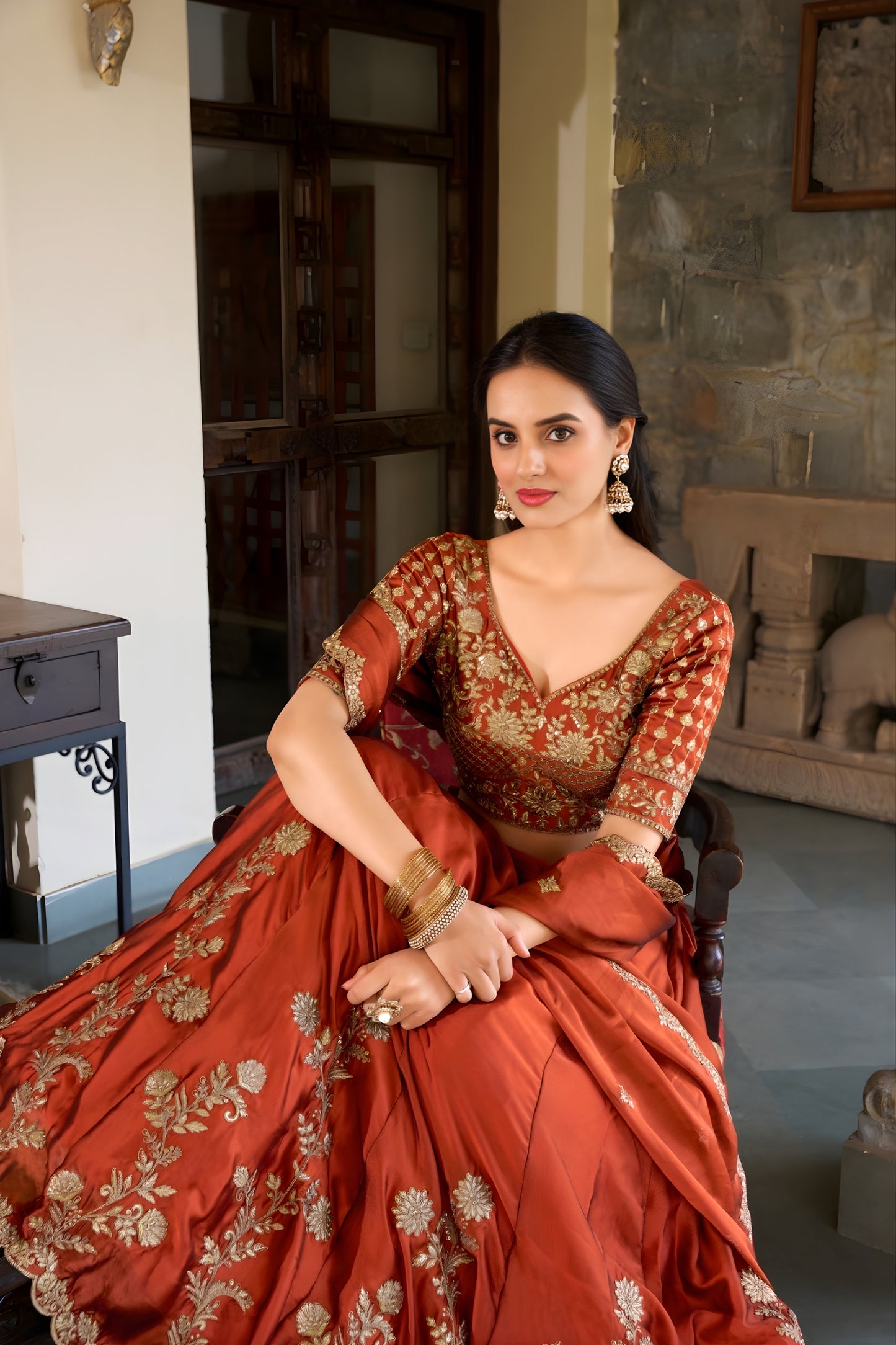 Beautiful Rust Orange Rangoli Silk Embroidered Lehenga Choli Set with Dupatta for Women
