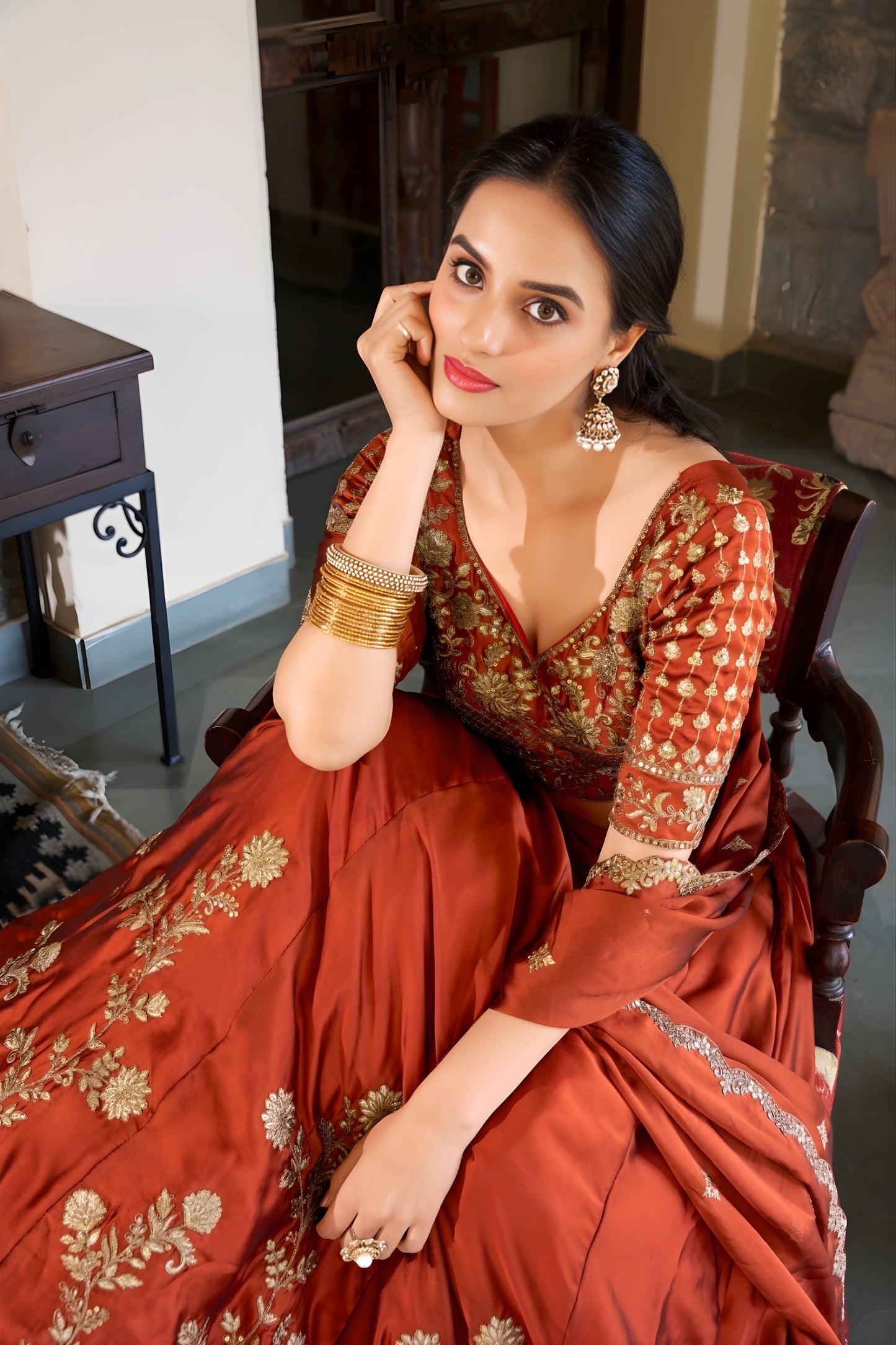 Beautiful Rust Orange Rangoli Silk Embroidered Lehenga Choli Set with Dupatta for Women