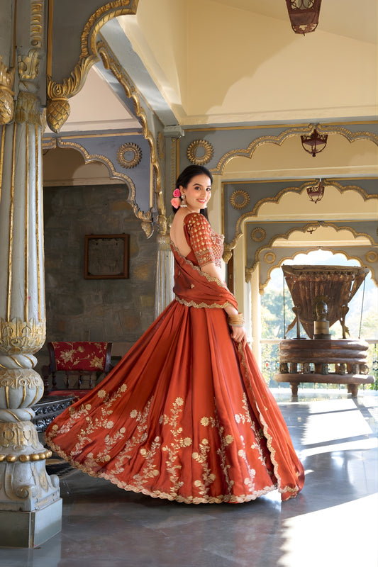 Beautiful Rust Orange Rangoli Silk Embroidered Lehenga Choli Set with Dupatta for Women