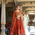 Beautiful Rust Orange Rangoli Silk Embroidered Lehenga Choli Set with Dupatta for Women