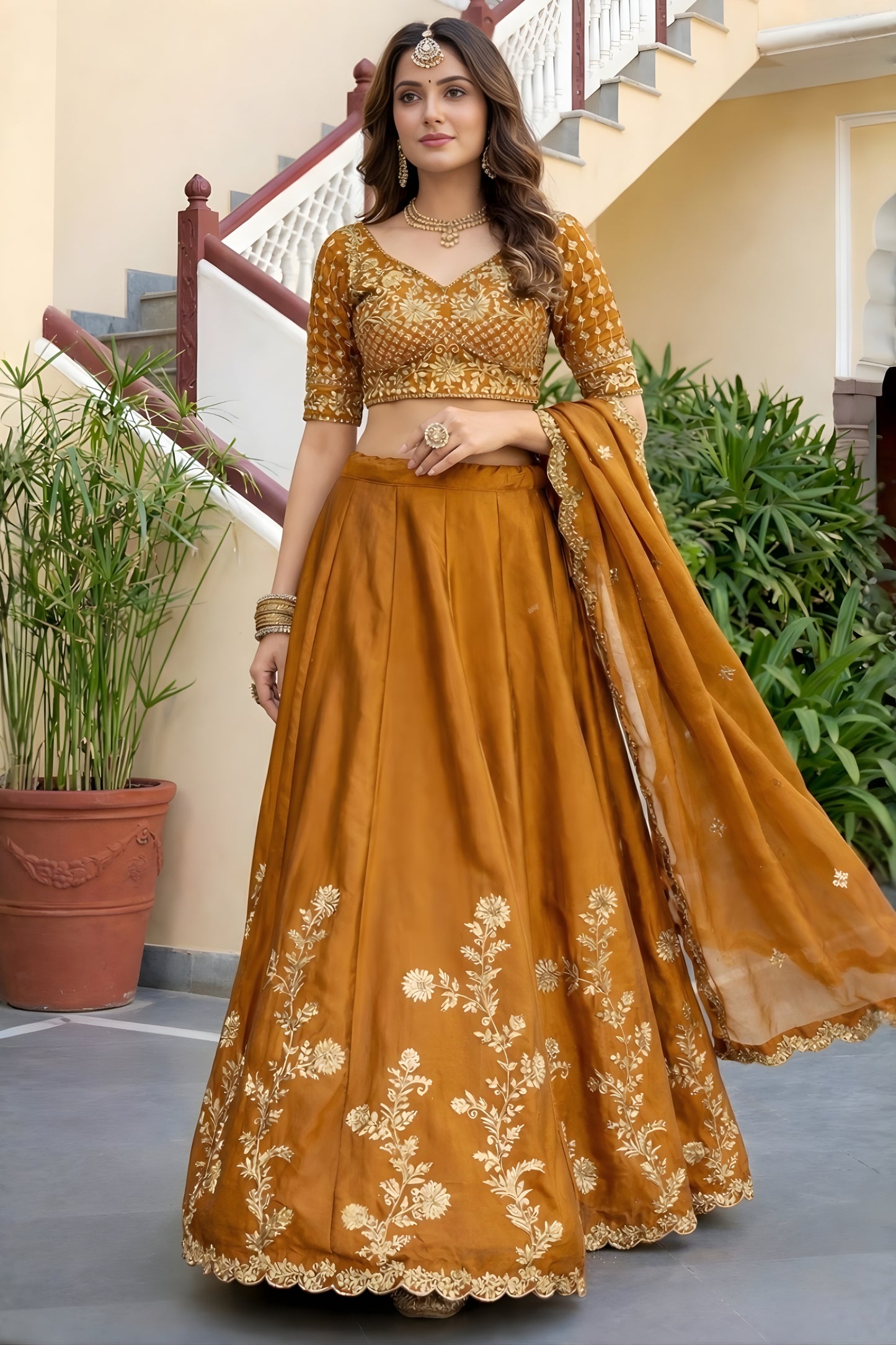 Fancy Mustard Yellow Rangoli Silk Embroidered Lehenga Choli Set with Dupatta for Women