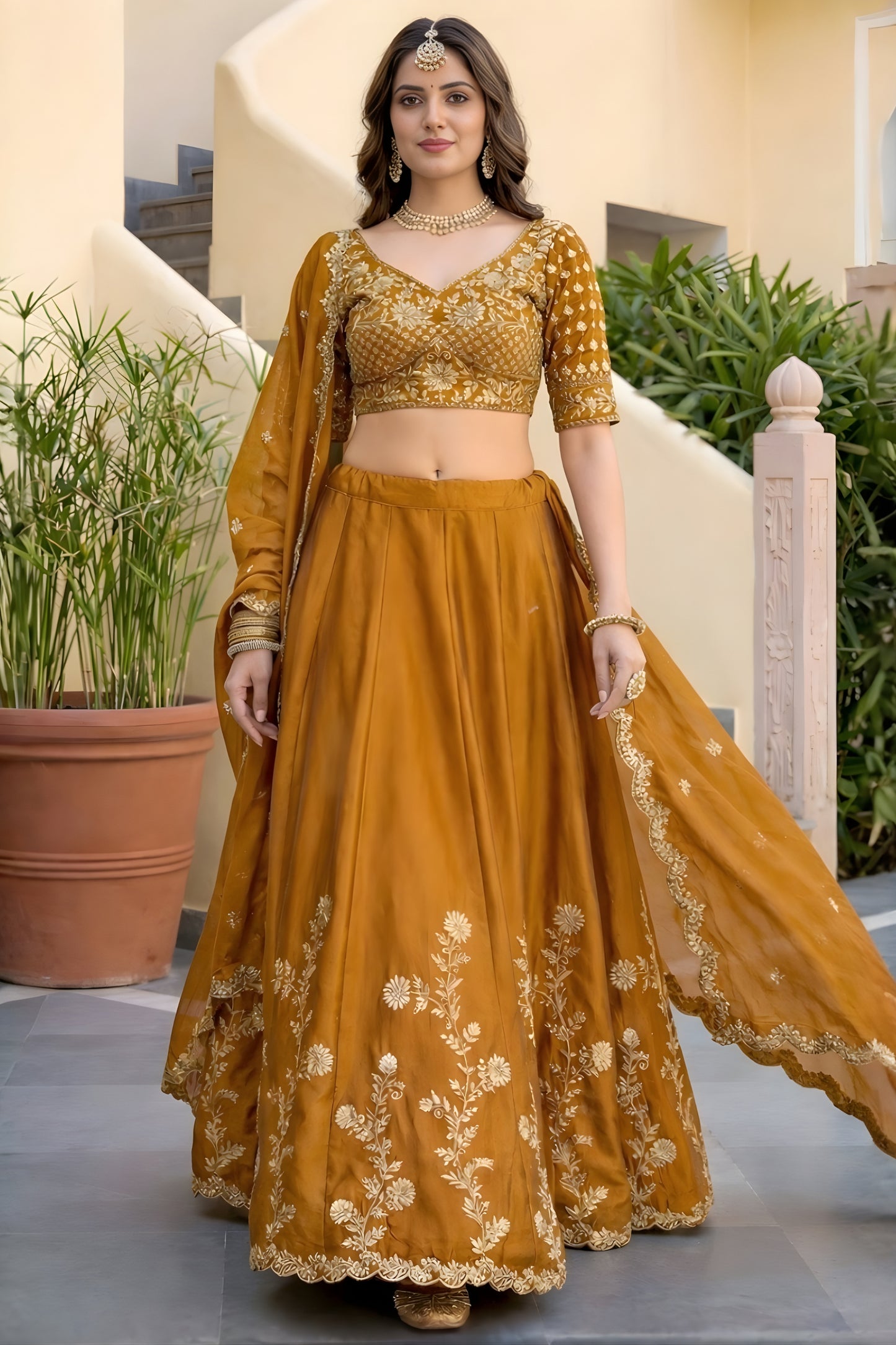 Fancy Mustard Yellow Rangoli Silk Embroidered Lehenga Choli Set with Dupatta for Women