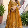 Fancy Mustard Yellow Rangoli Silk Embroidered Lehenga Choli Set with Dupatta for Women