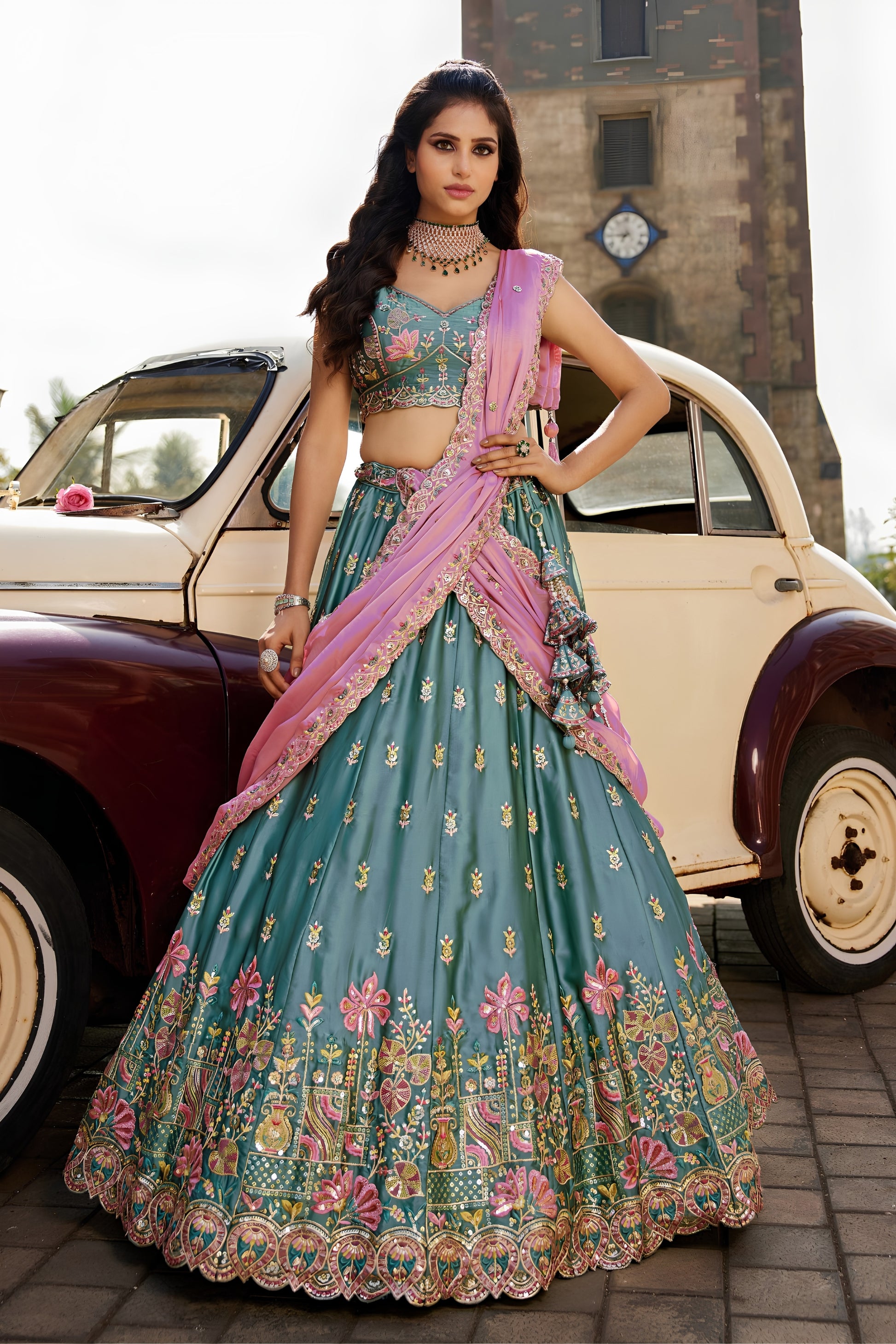 Stunning Teal Green Designer Lehenga Choli with Heavy Embroidery Work and Dupatta
