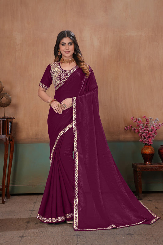 Stylish Wine Soft Fandy Satin Fabric Saree Embroidery Beads Work for Women