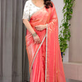 Peach Coral Silk Saree with Border Designer Blouse Party Wear Saree 