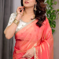 Peach Coral Silk Saree with Border Designer Blouse Party Wear Saree