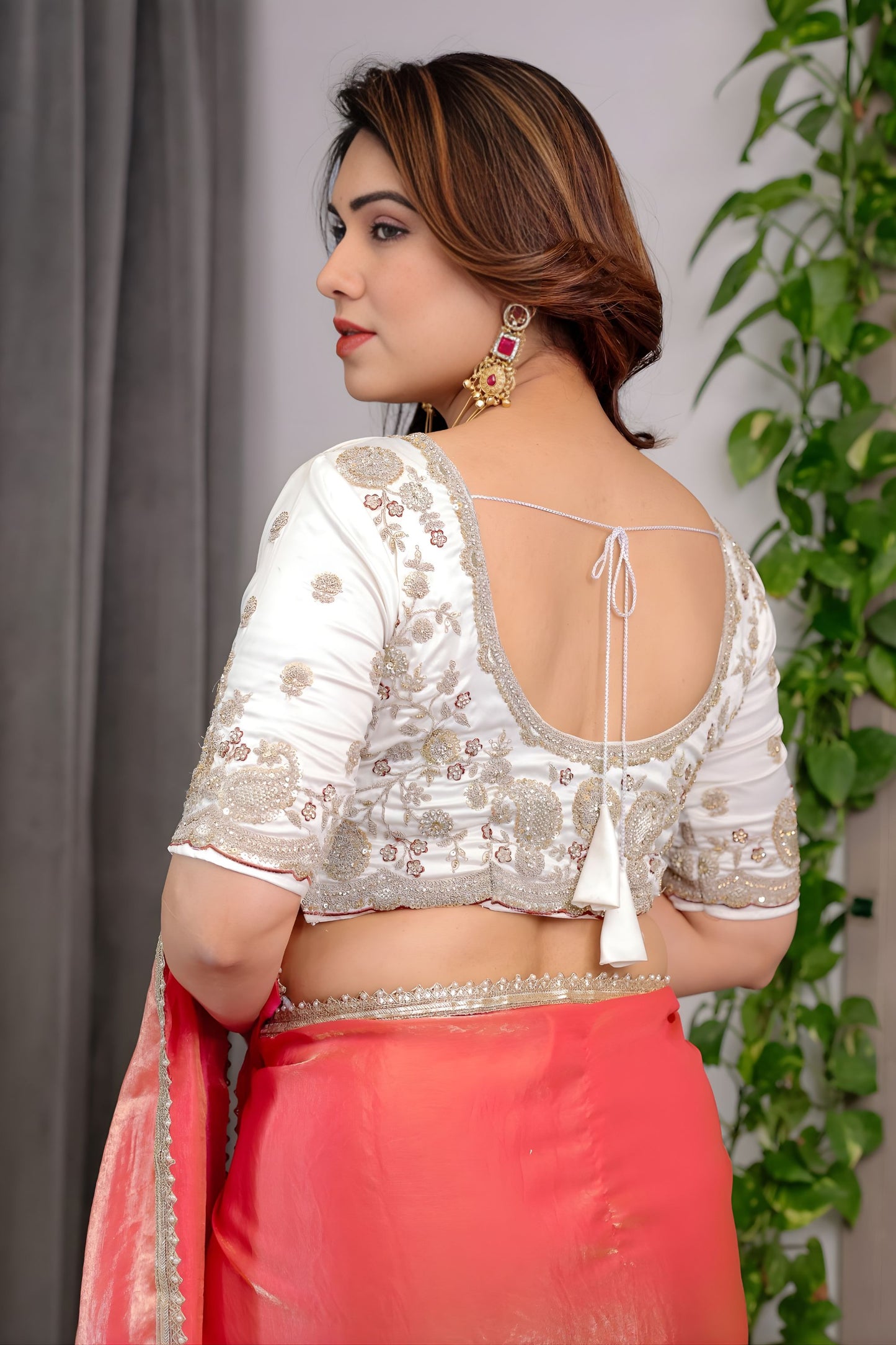 Peach Coral Silk Saree with Border Designer Blouse Party Wear Saree