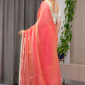 Peach Coral Silk Saree with Border Designer Blouse Party Wear Saree