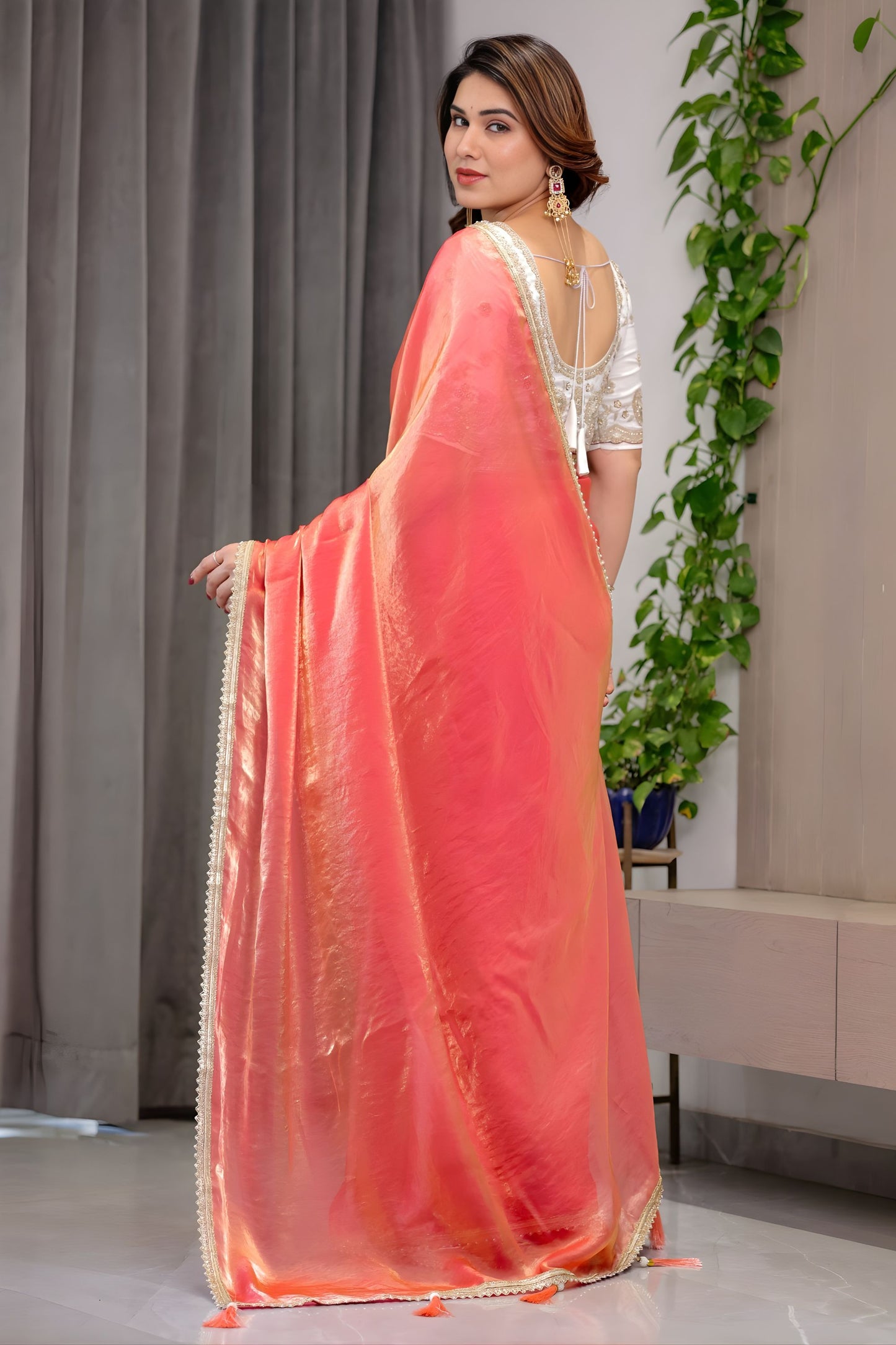 Peach Coral Silk Saree with Border Designer Blouse Party Wear Saree