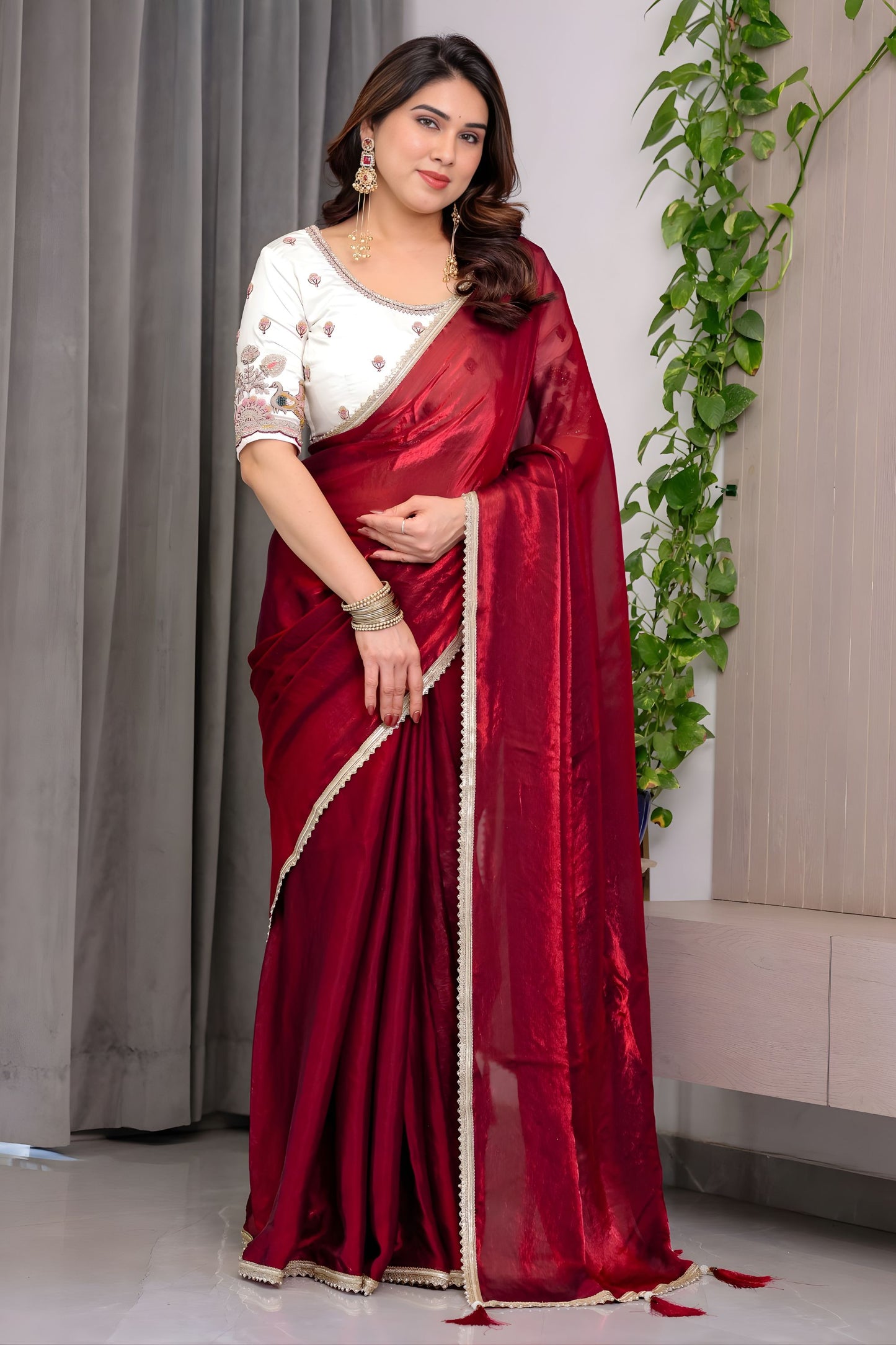 Wine Red Silk Saree Designer Embroidered Blouse Party Wear Saree