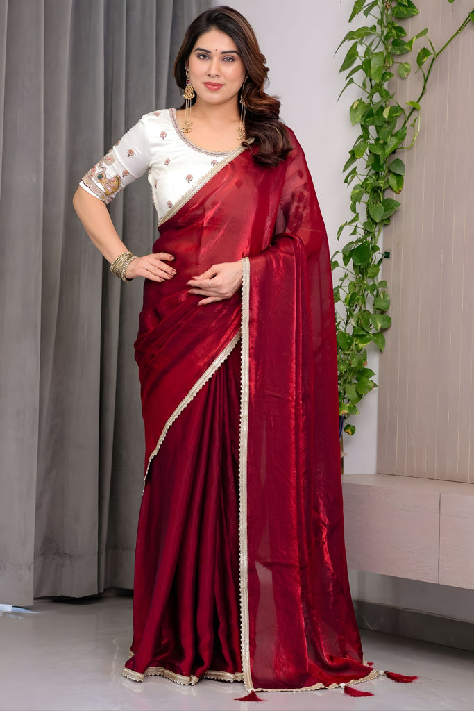  Wine Red Silk Saree Designer Embroidered Blouse Party Wear Saree