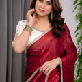 Wine Red Silk Saree Designer Embroidered Blouse Party Wear Saree