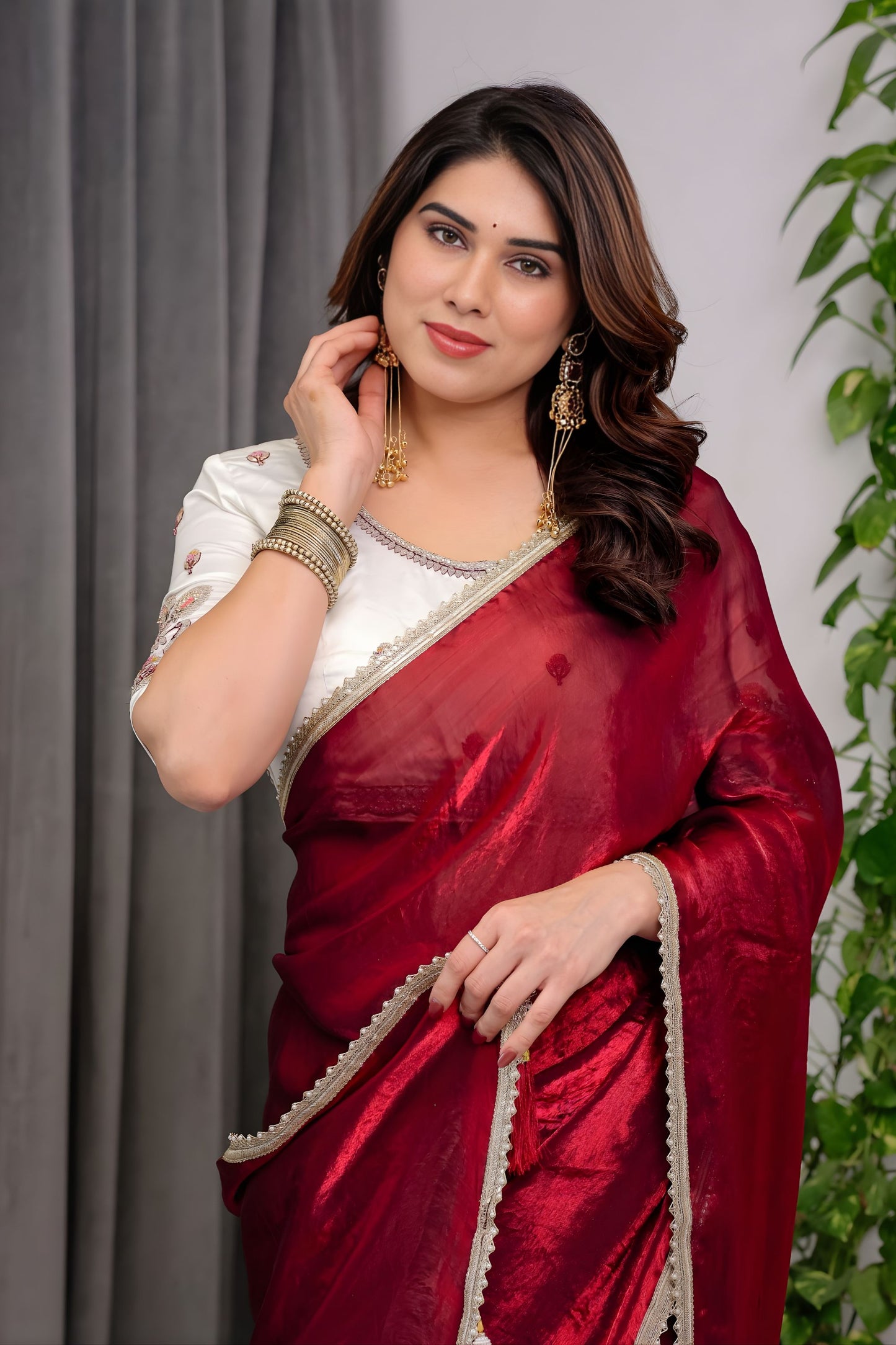 Wine Red Silk Saree Designer Embroidered Blouse Party Wear Saree