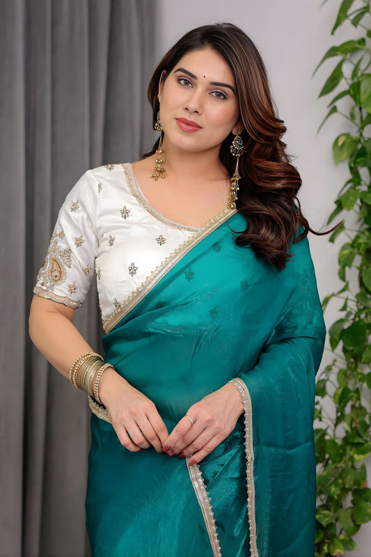 Teal Green Silk Saree with Designer Embroidered Blouse