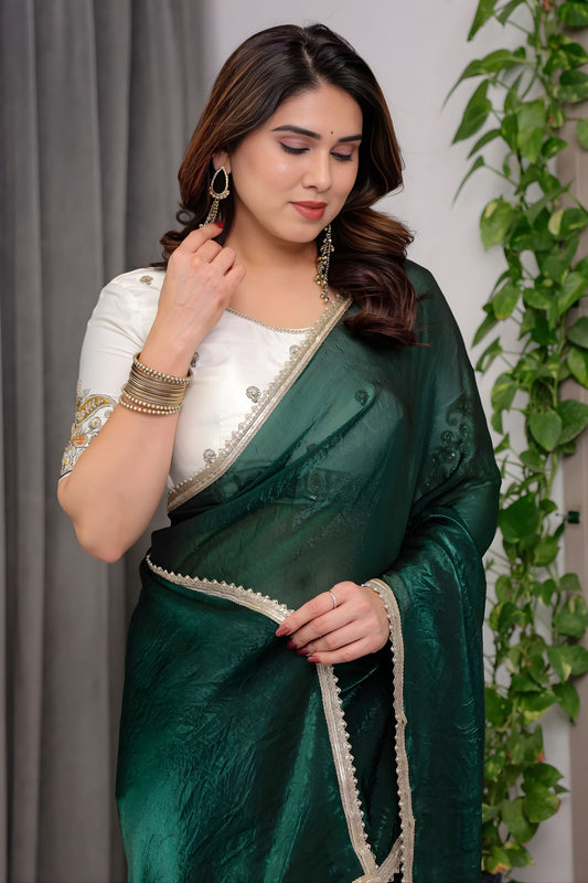 Green Banarasi Silk Saree Embroidered Blouse Traditional Saree