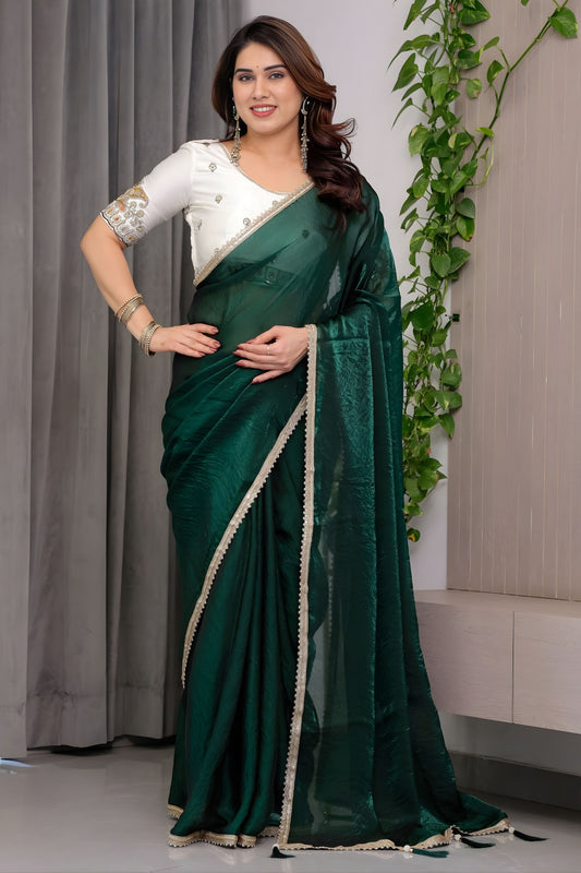 Green Banarasi Silk Saree Embroidered Blouse Traditional Saree