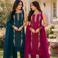 Graceful Rama Green Georgette Embroidered Designer Palazzo Suit with Dupatta for Women