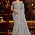 Sophisticated Grey Fancy Tissue Organza Net Sequin Embroidery Work Saree for Women