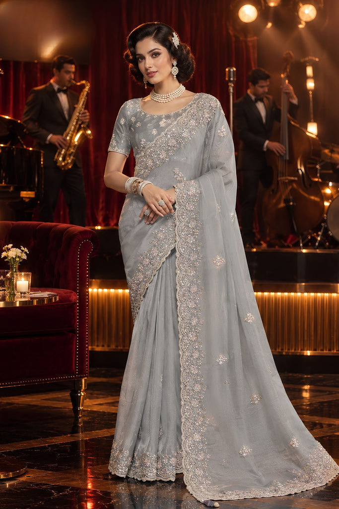 Sophisticated Grey Fancy Tissue Organza Net Sequin Embroidery Work Saree for Women