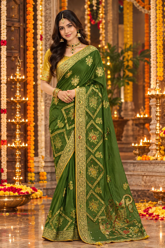 Magnificent Dark Green Dola Silk Saree Handwork Cut Dana Work Weaving for Women