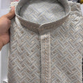 Awesome Light Grey Rayon Embroidery Designer Kurta Pyjama Set for Men for Wedding