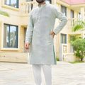 Awesome Light Grey Rayon Embroidery Designer Kurta Pyjama Set for Men for Wedding