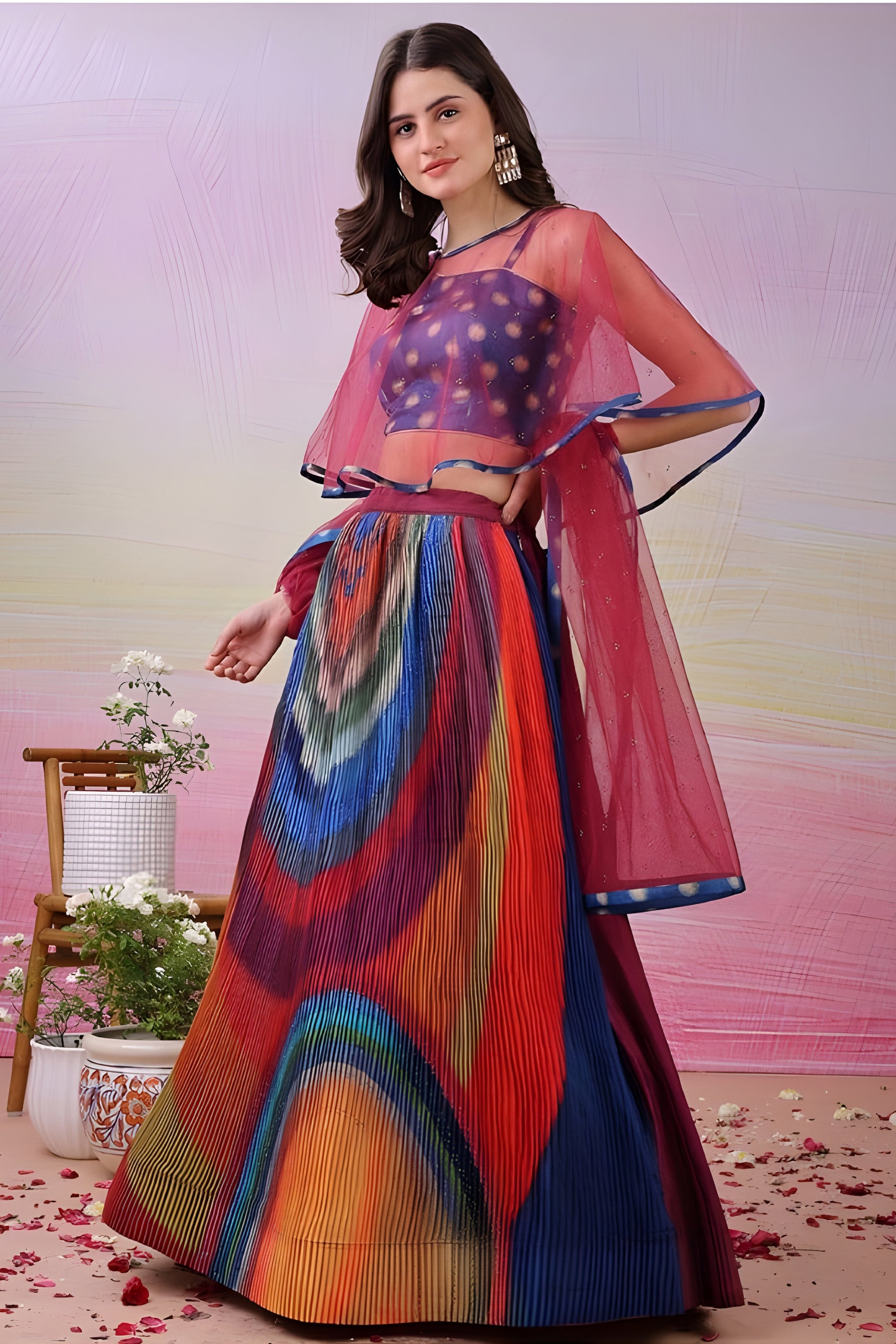 Vibrant Multicolor Digital Print Satin Lehenga Choli with Cape Style Blouse for Festive Wear