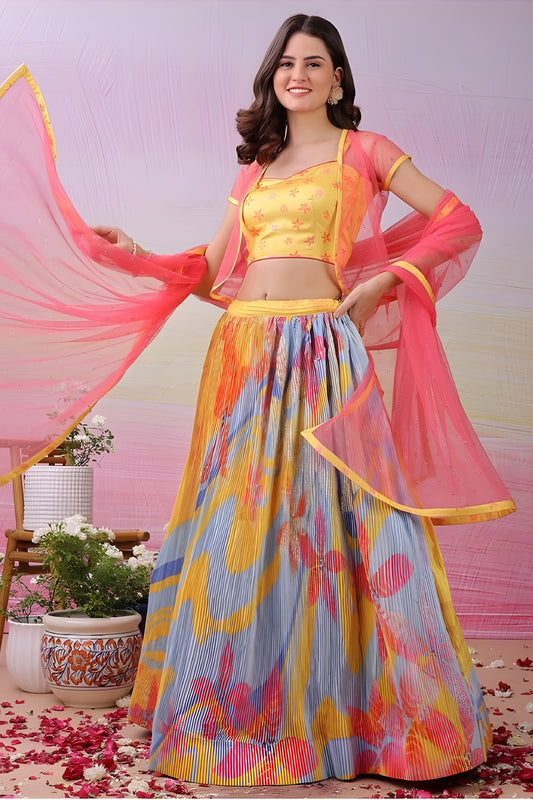 Bright Yellow and Multicolor Digital Print Satin Lehenga Choli with Stylish Cape Dupatta