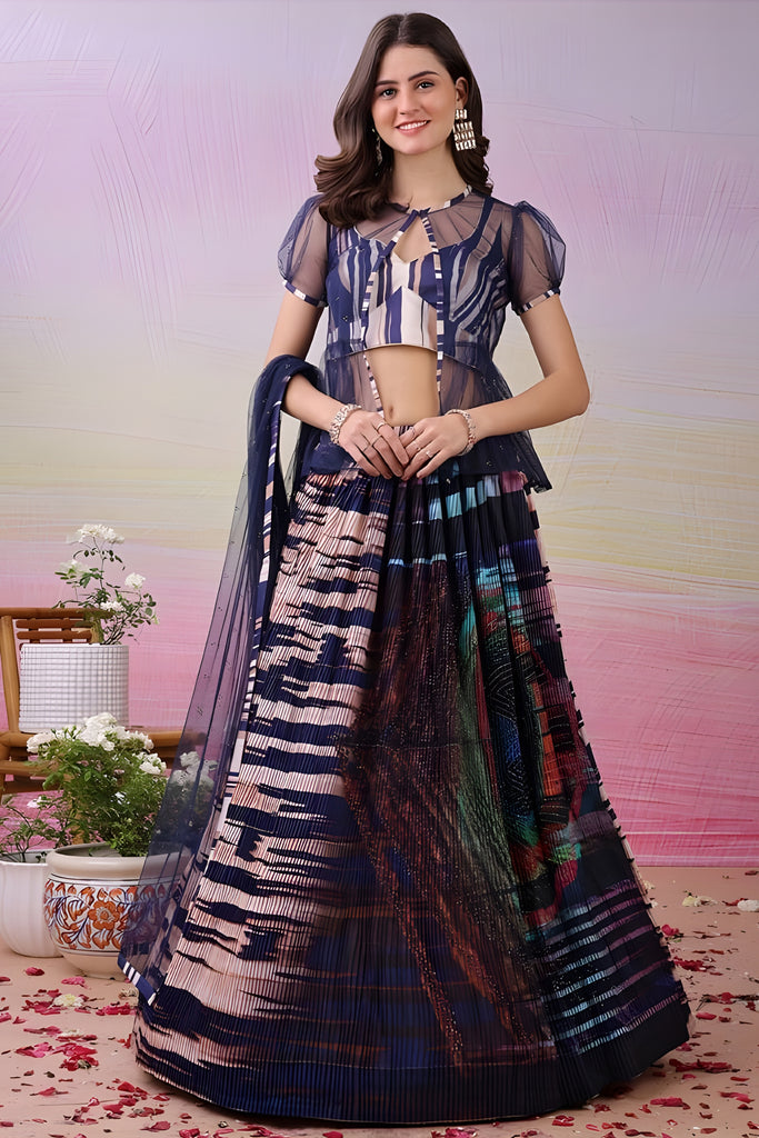 Awesome Navy Blue and Multicolor Digital Print Satin Lehenga Choli with Stylish Sheer Jacket