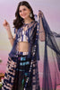 Awesome Navy Blue and Multicolor Digital Print Satin Lehenga Choli with Stylish Sheer Jacket