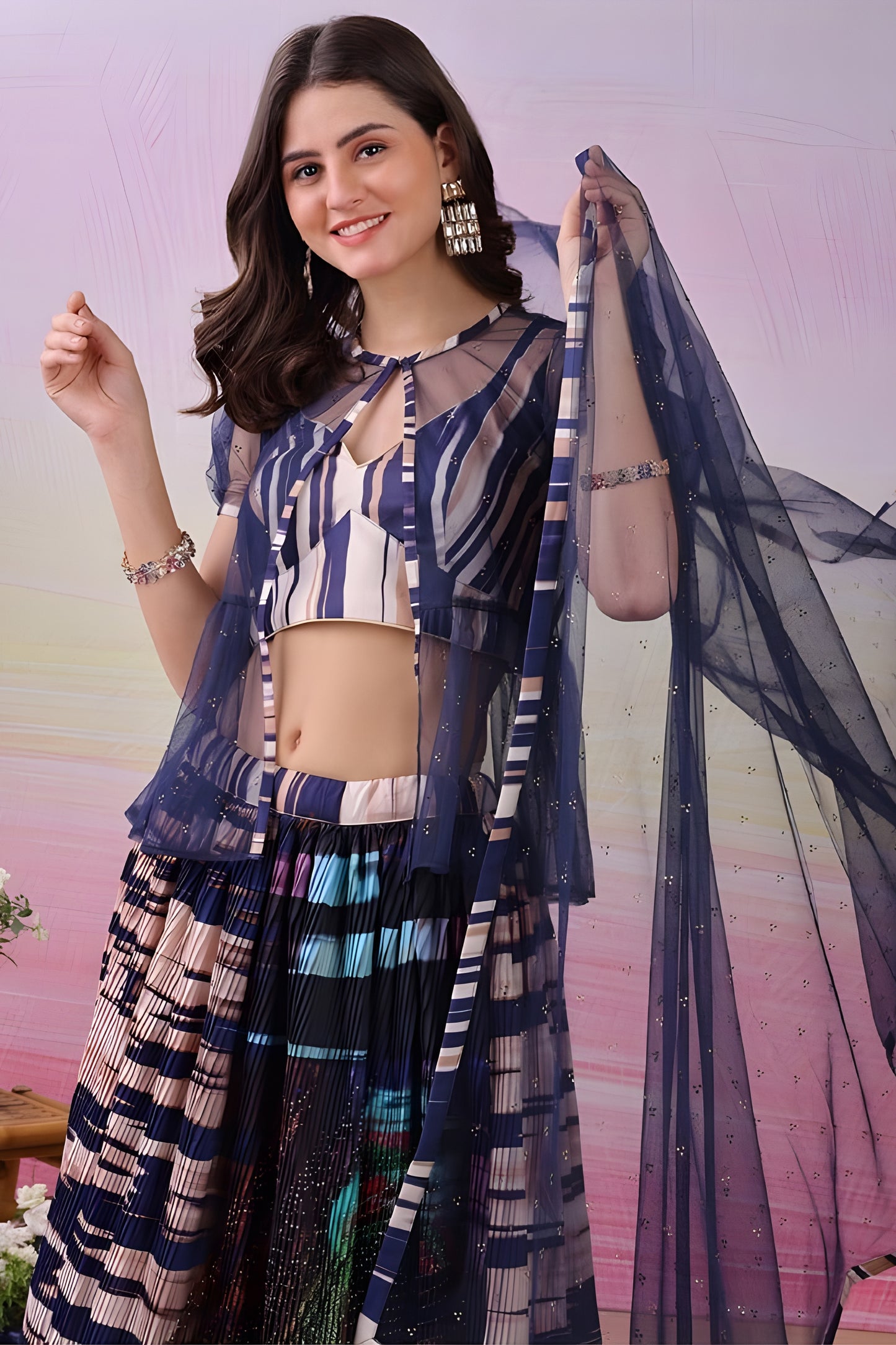Awesome Navy Blue and Multicolor Digital Print Satin Lehenga Choli with Stylish Sheer Jacket