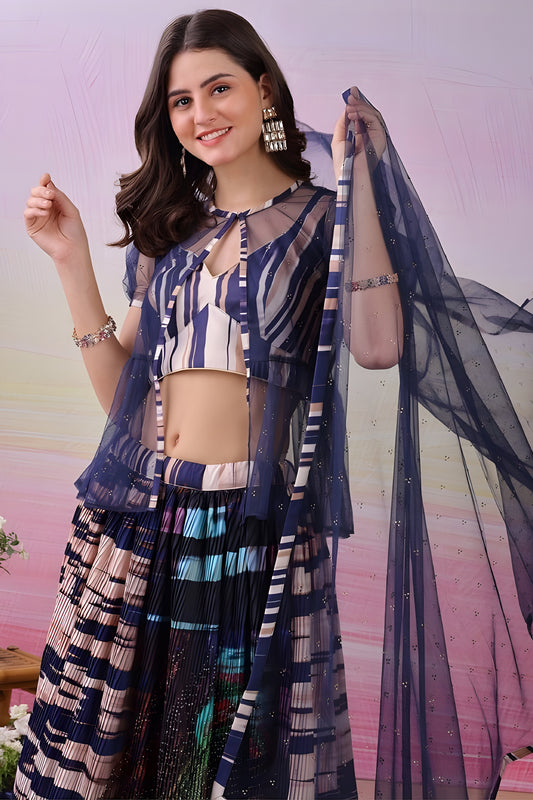 Awesome Navy Blue and Multicolor Digital Print Satin Lehenga Choli with Stylish Sheer Jacket