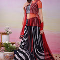 Trendy Black and White Digital Print Satin Lehenga Choli with Red Sheer Jacket