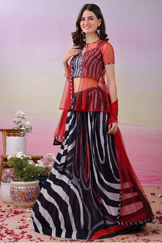 Trendy Black and White Digital Print Satin Lehenga Choli with Red Sheer Jacket