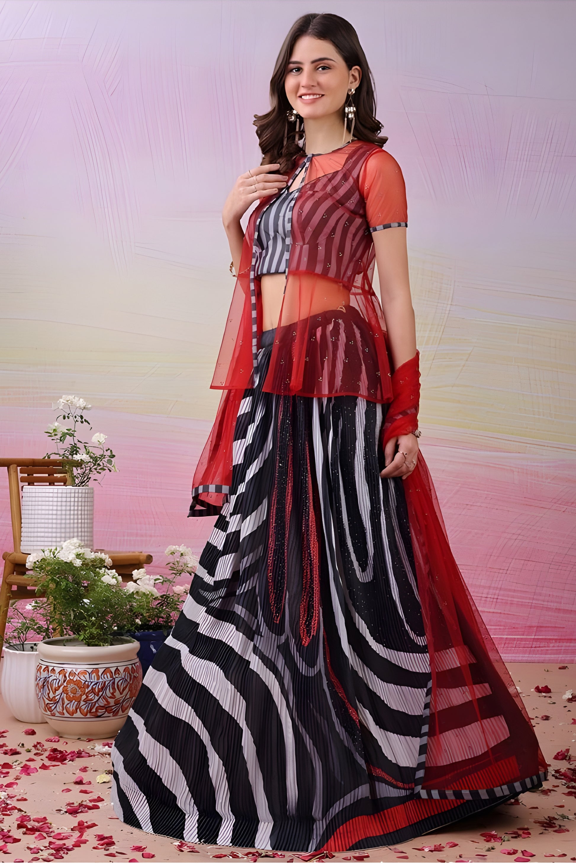 Trendy Black and White Digital Print Satin Lehenga Choli with Red Sheer Jacket