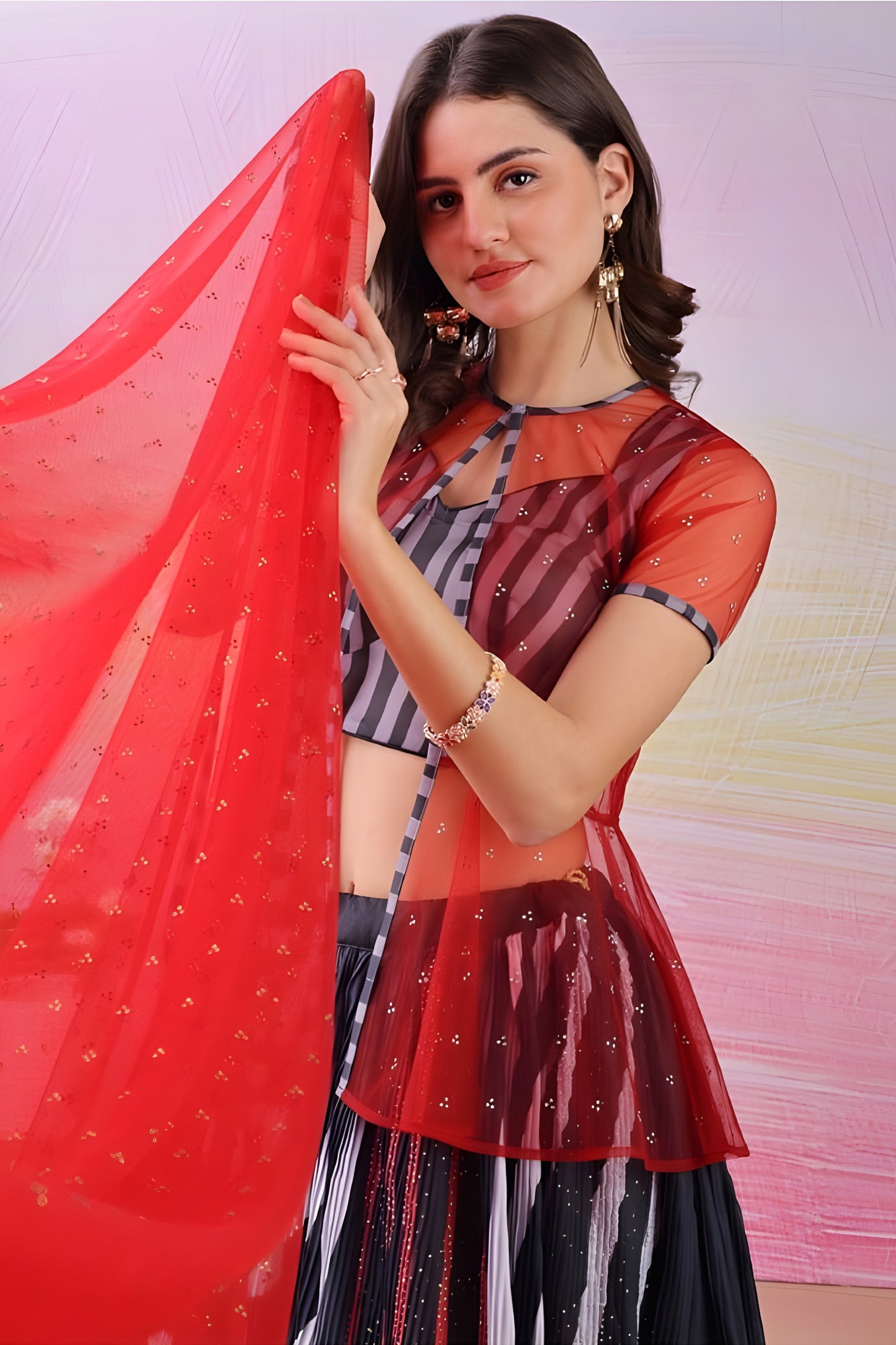Trendy Black and White Digital Print Satin Lehenga Choli with Red Sheer Jacket