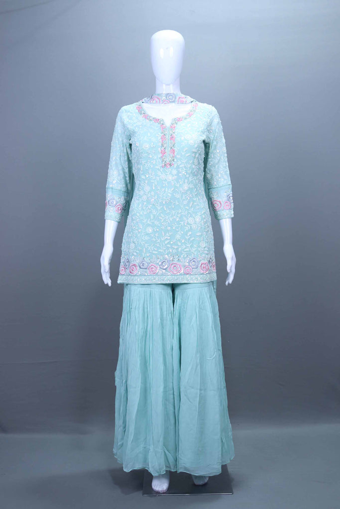Mint Green Embroidered Kurta Sharara Set Party Wear Suit