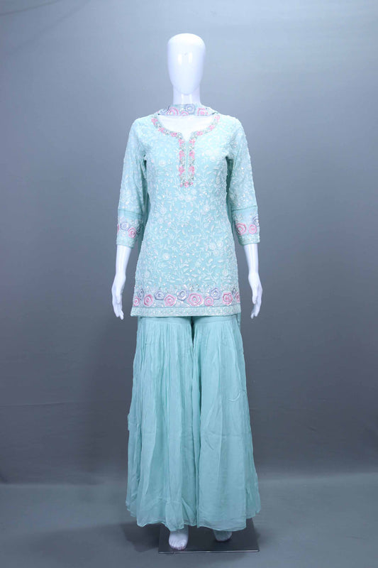 Mint Green Embroidered Kurta Sharara Set Party Wear Suit