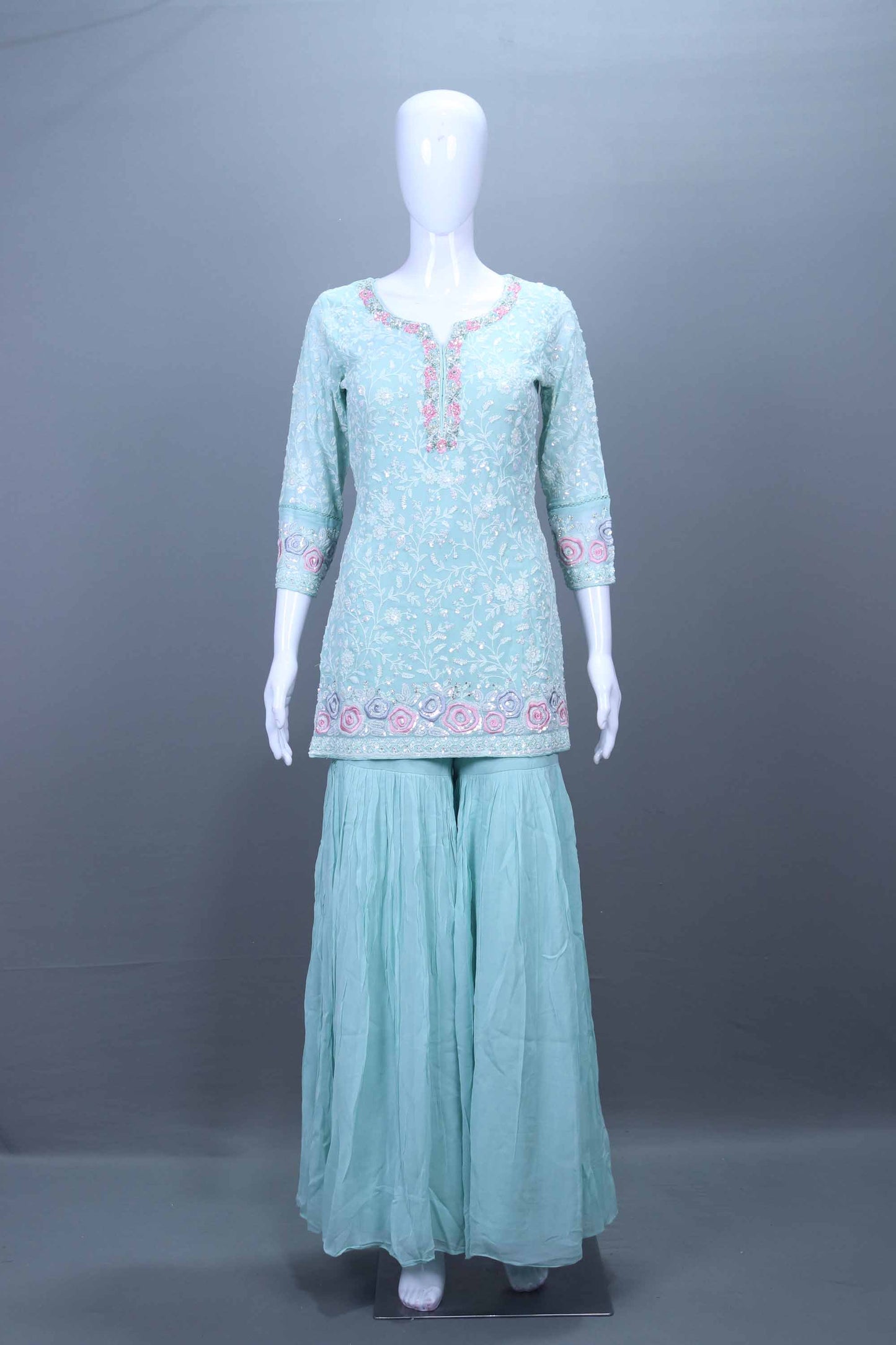 Mint Green Embroidered Kurta Sharara Set Party Wear Suit