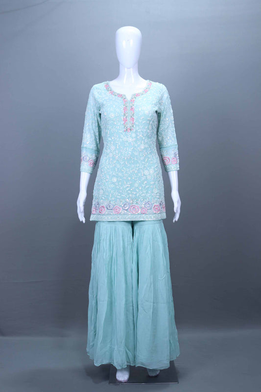 Mint Green Embroidered Kurta Sharara Set Party Wear Suit