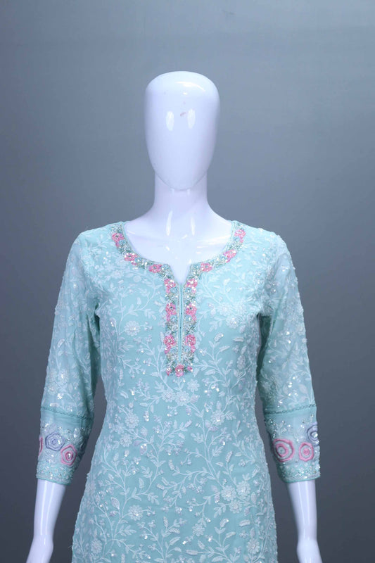 Mint Green Embroidered Kurta Sharara Set Party Wear Suit