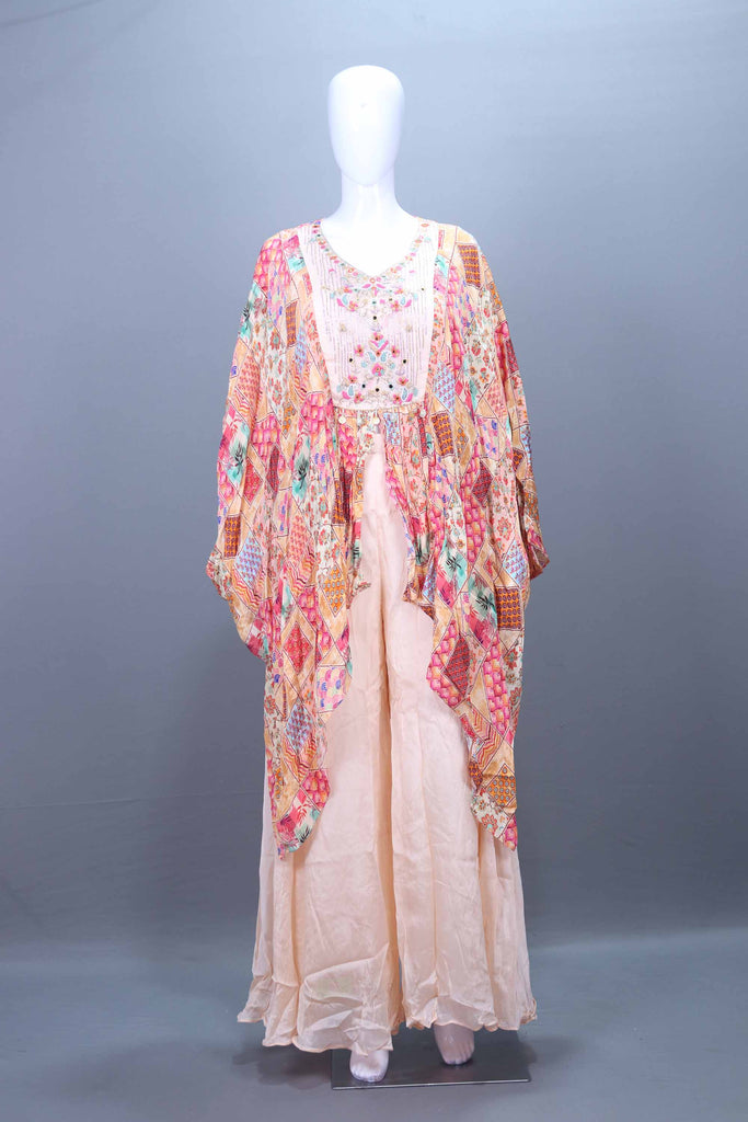Peach Printed Designer Cape Style Sharara Set with Embroidered Kurti