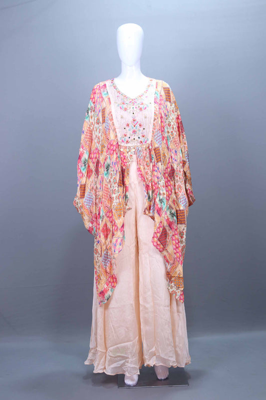 Peach Printed Designer Cape Style Sharara Set with Embroidered Kurti