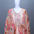 Peach Printed Designer Cape Style Sharara Set with Embroidered Kurti