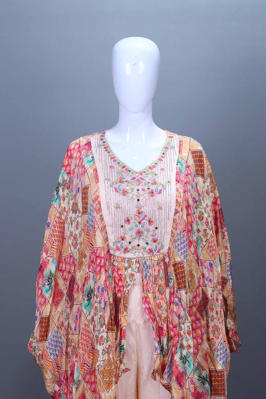 Peach Printed Designer Cape Style Sharara Set with Embroidered Kurti