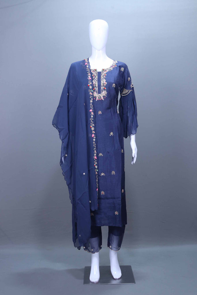 Navy Blue Chiffon Embroidered Kurta Set with Dupatta Festive Wear Suit